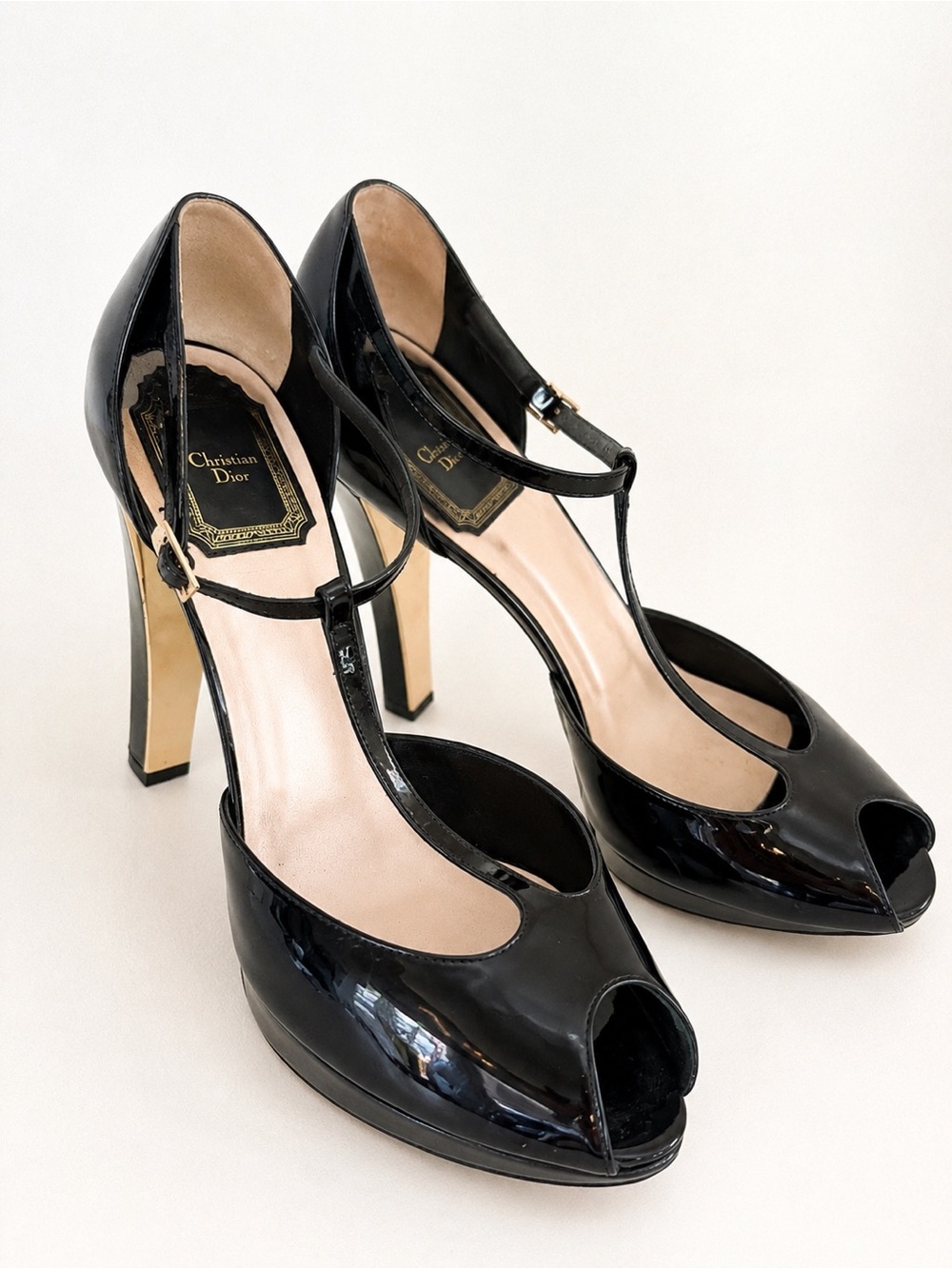 Christian Dior Black Patent Leather T-Strap Peep Toe Platform Heels 38.5